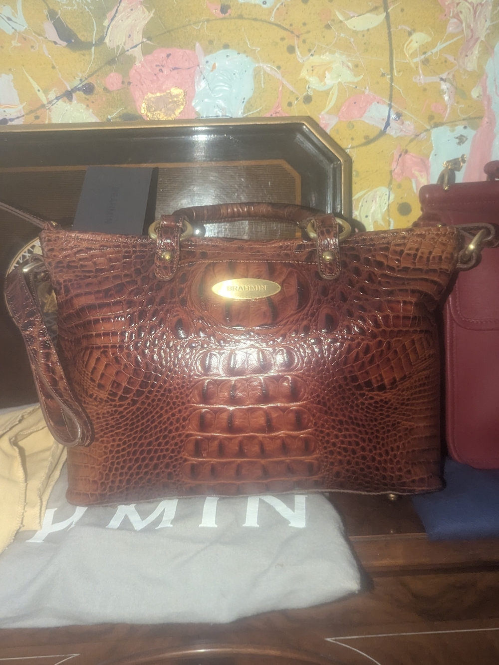 Brahmin Cognac Croc-Embossed Leather Satchel